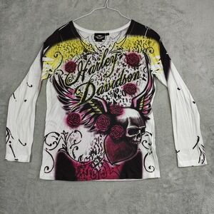 Vtg Y2K Harley Davidson Long Sleeve Tee Women L Graffiti Skull Wings Made in USA